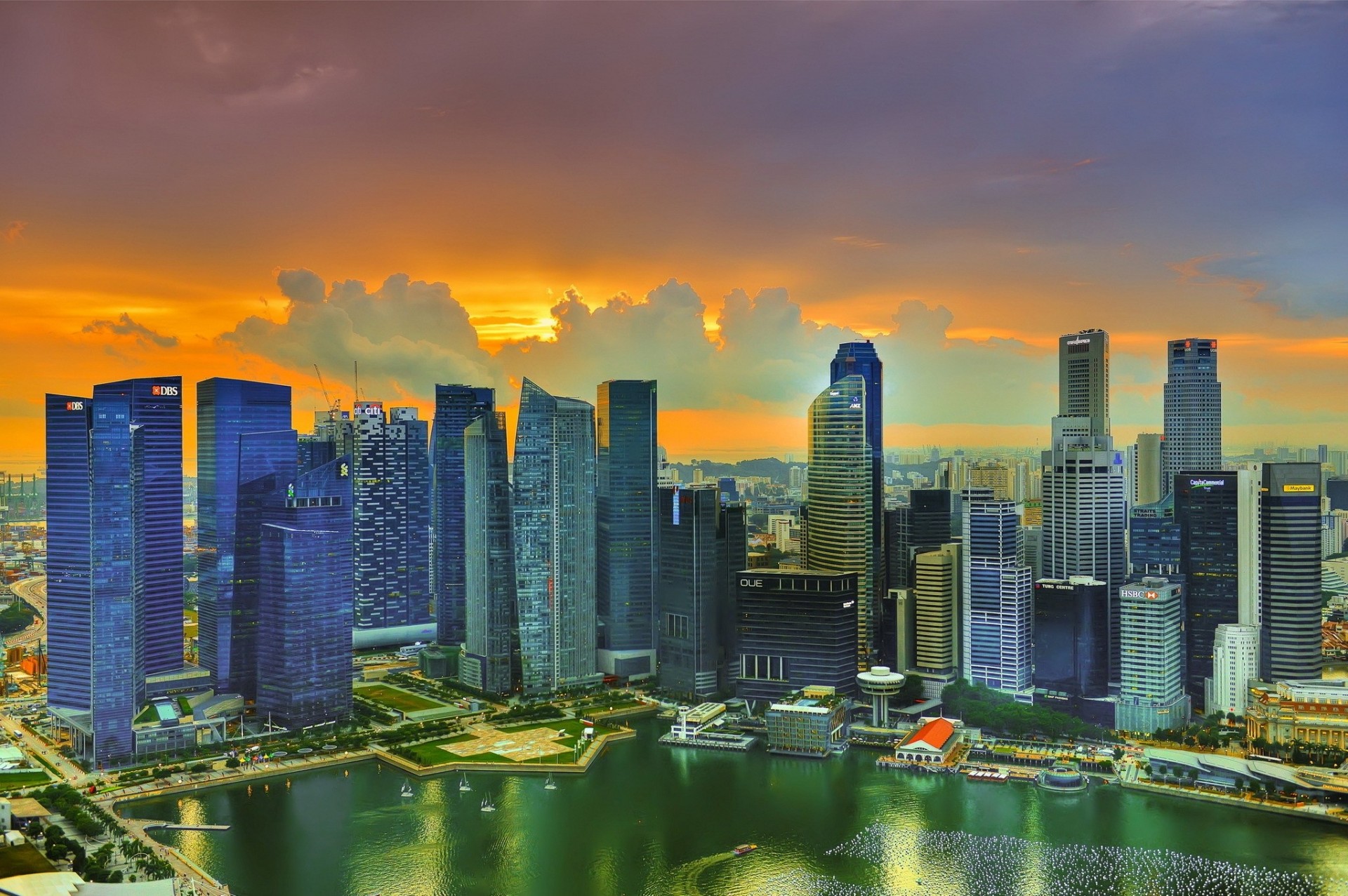 soleil nuages gratte-ciel coucher de soleil singapour