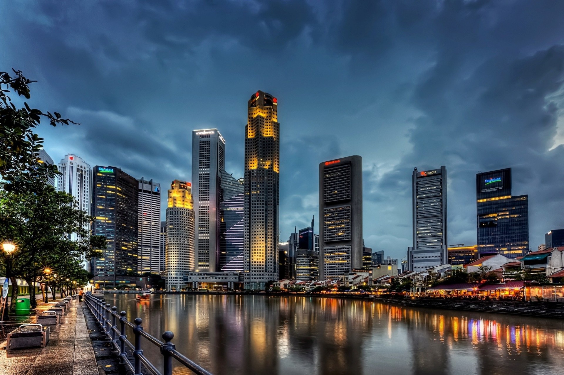 luces nubes rascacielos reflexión árboles singapur bahía ciudad agua noche casas