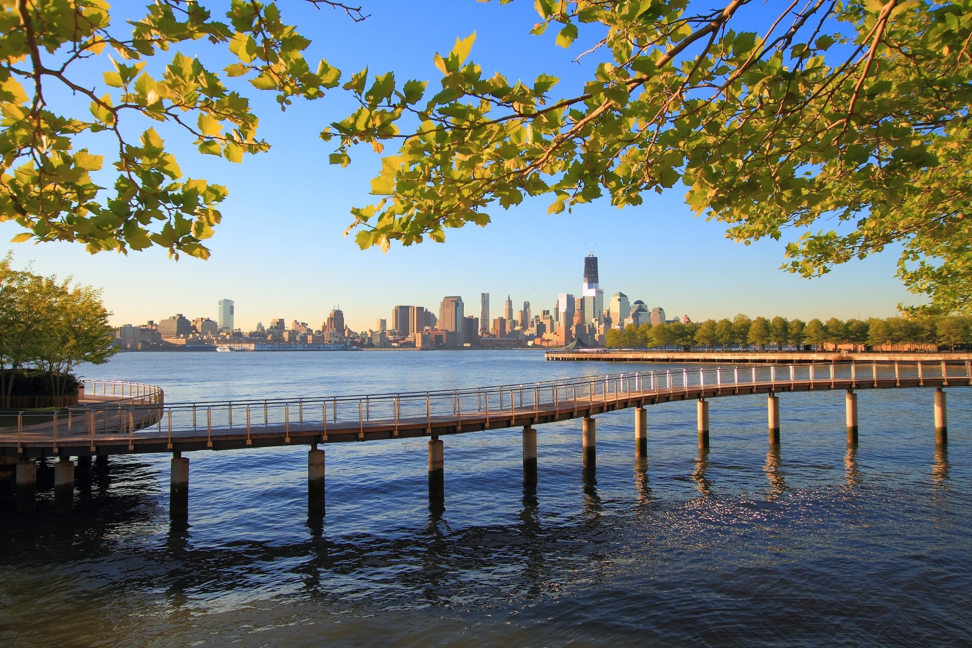 naturaleza océano muelle ciudad agua nueva york río hudson día manhattan ramas puente nueva jersey árboles