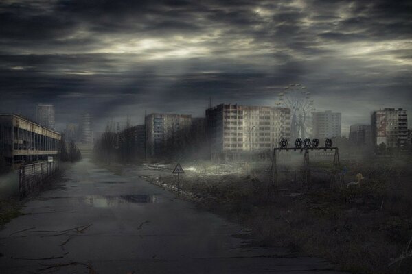 Ciudad oscura en la niebla