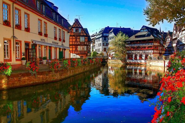 Francia canal de Estrasburgo flores rojas y casas