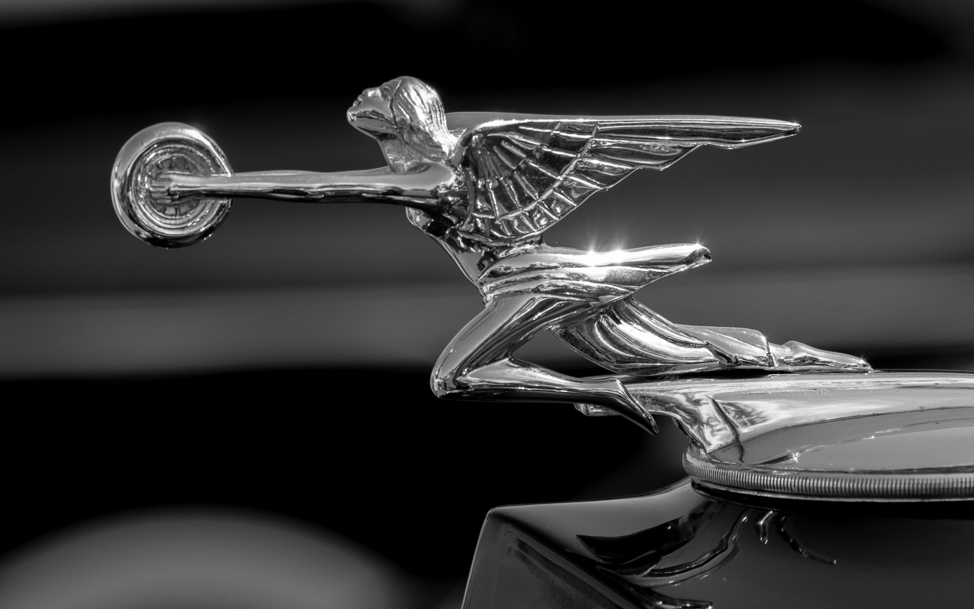 packard goddess of speed packard hood ornament hood icon monochrome close up