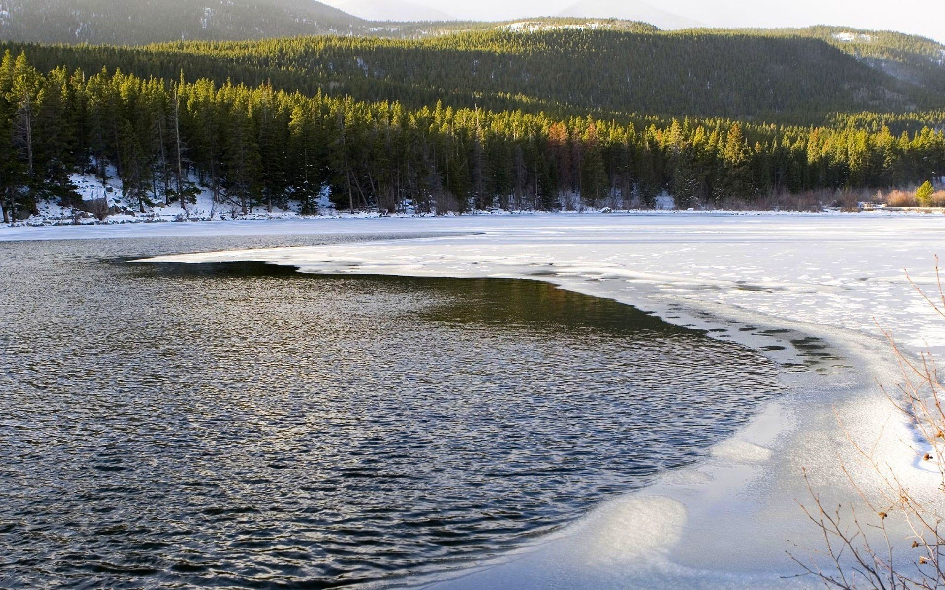 eiskante ende des winters grüne baumwipfel see sonnenlicht schnee wald wasser berge winter fluss