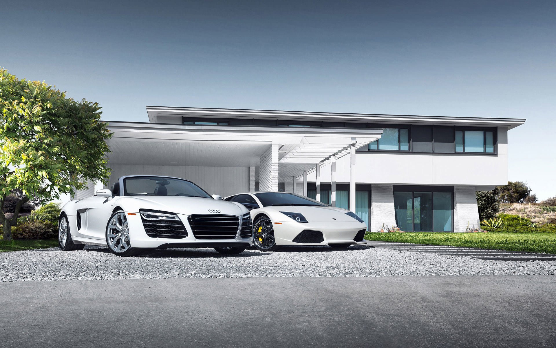 audi r8 spider lamborghini murcielago lp640-4 white supercars trees grass house sky sun