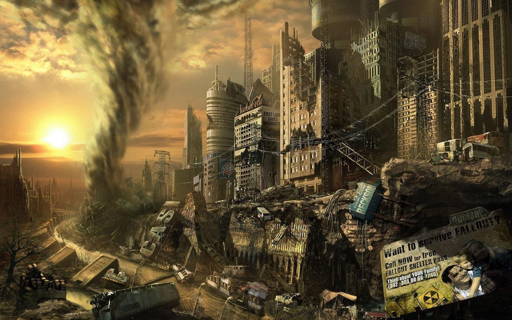 fallout miasto wysypisko ruiny tornado żywioł plakat rysunki anime