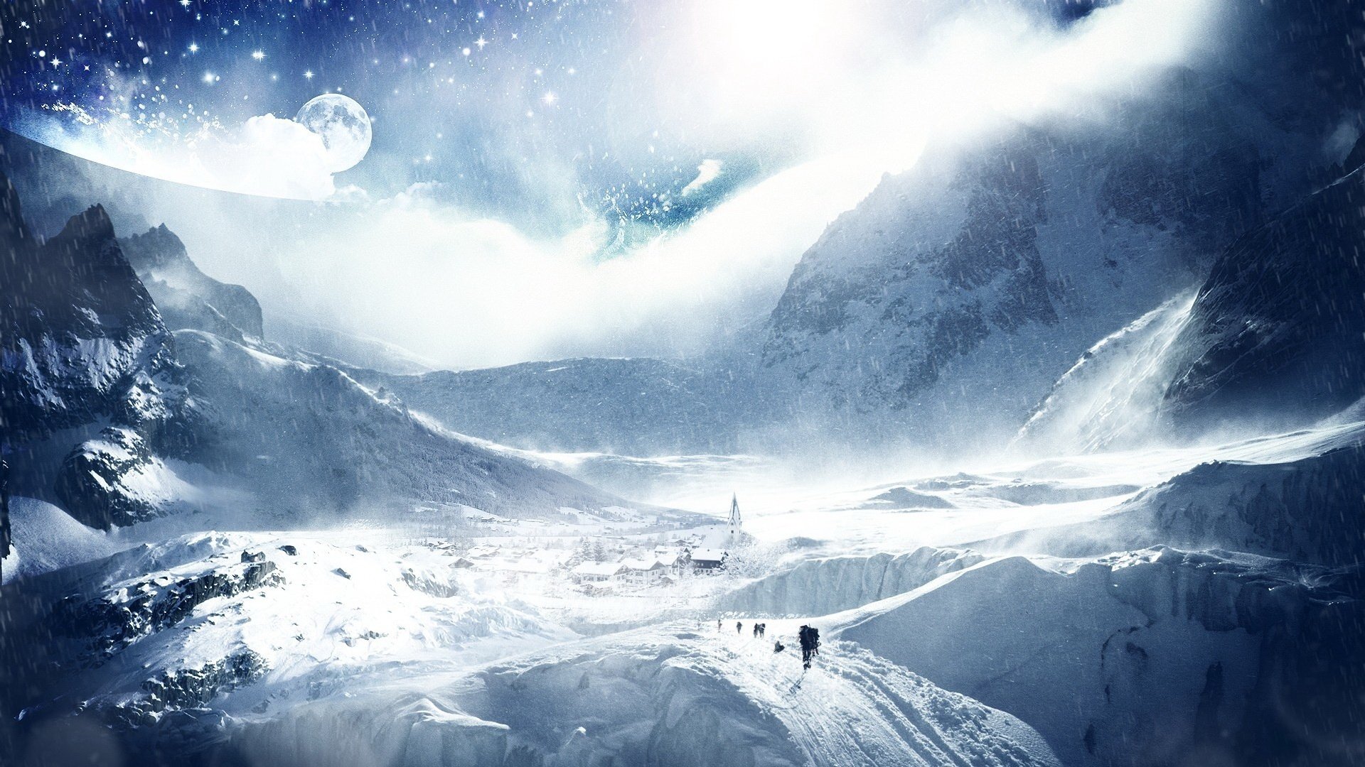 the harsh winter expedition the town away snow mountains winter the moon road traveler