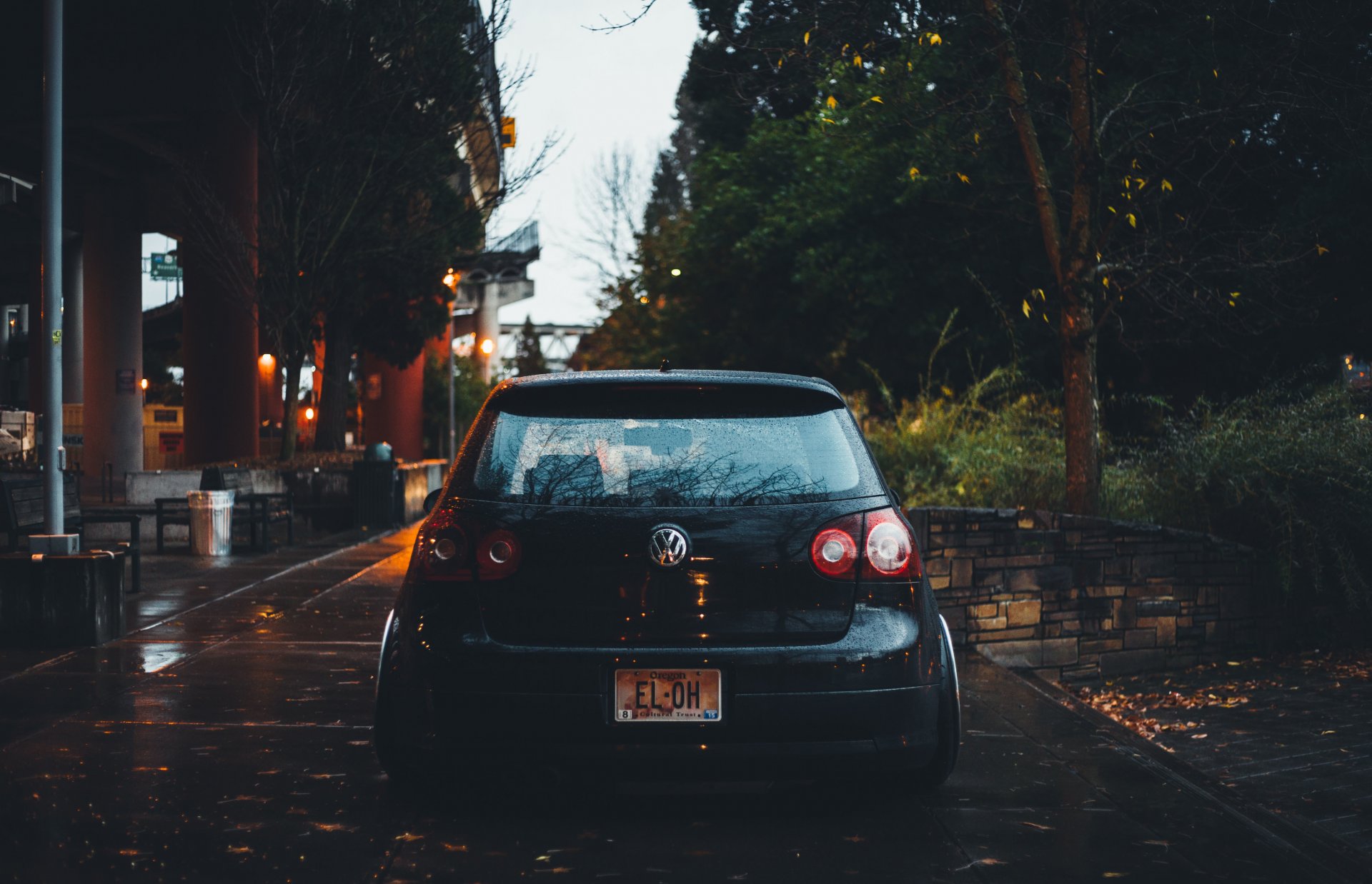 volkswagen golf rear wheel tree leaves stadium