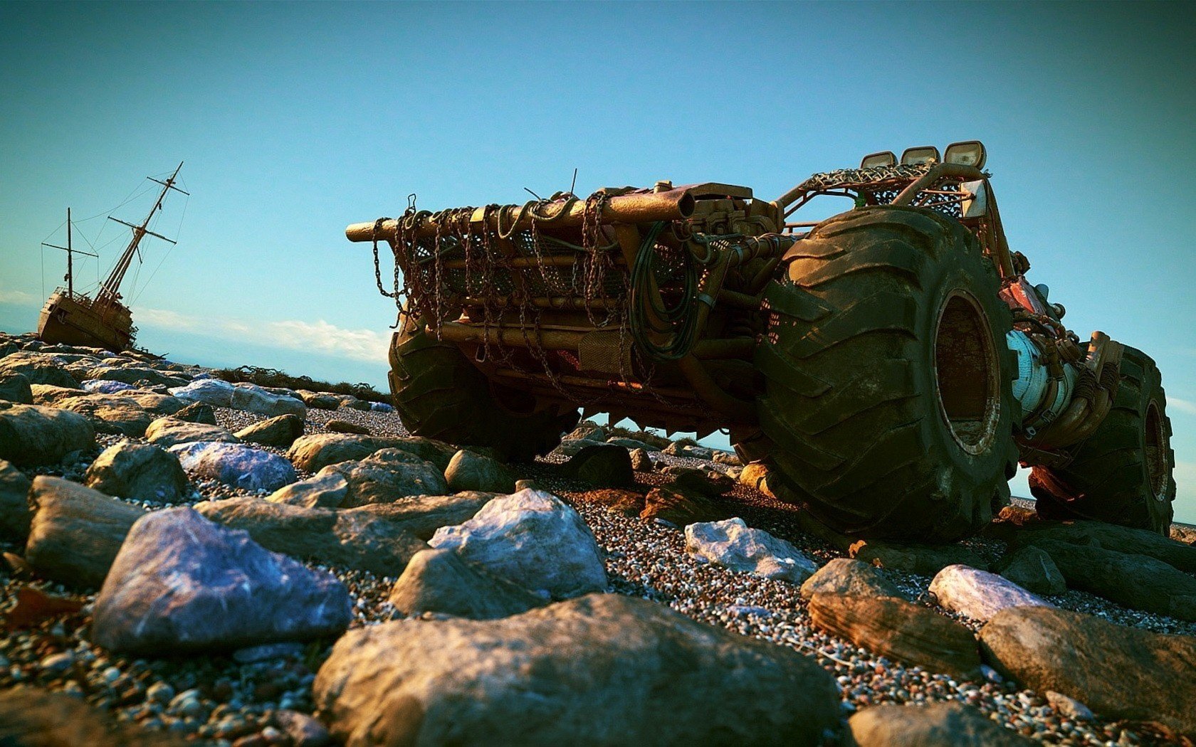 nave abbandonata vista dal basso rocce suv costa lontano trasporti auto atv veicoli a motore