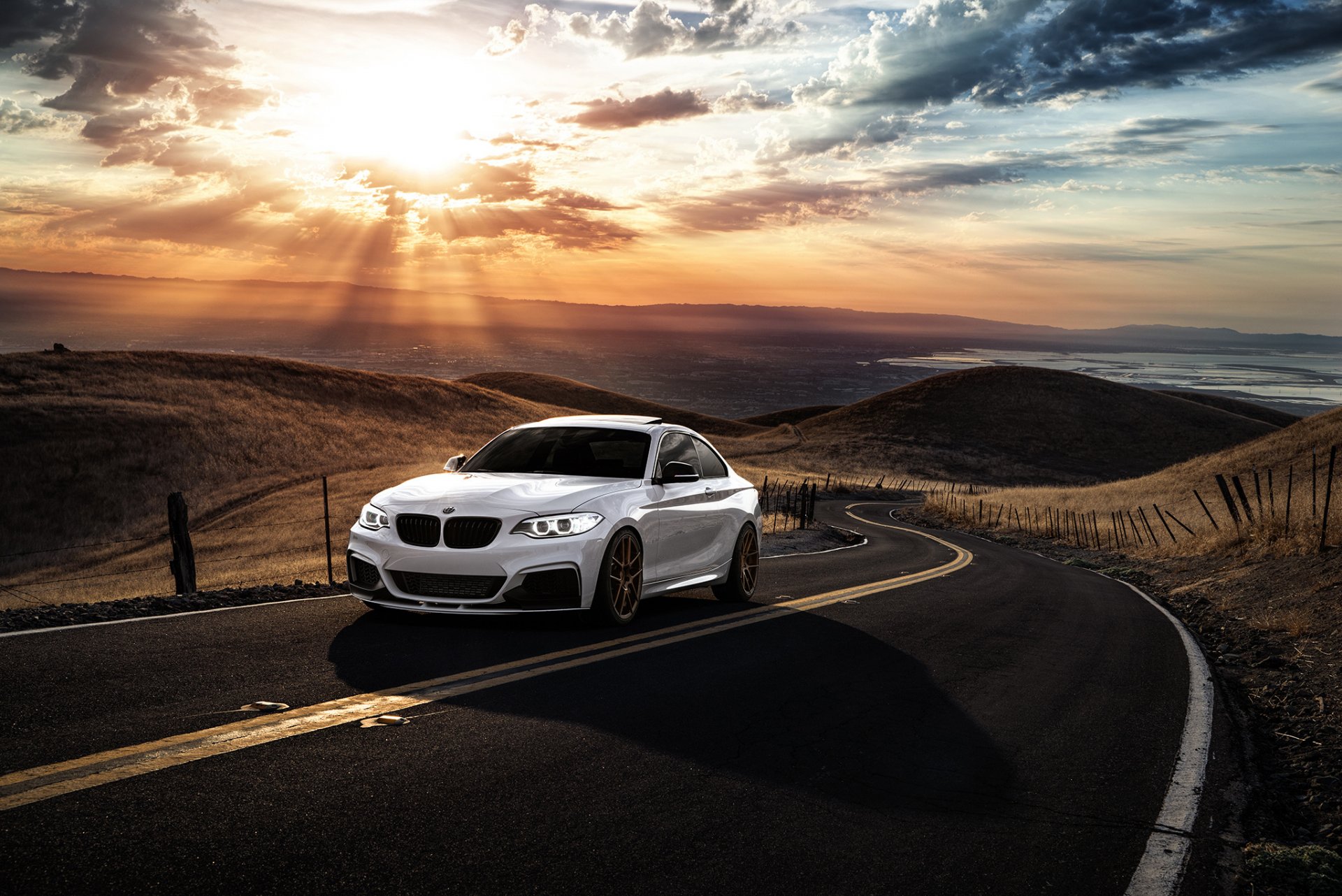 bmw m235i avant garde roue voiture montagne san jose coucher de soleil route avant