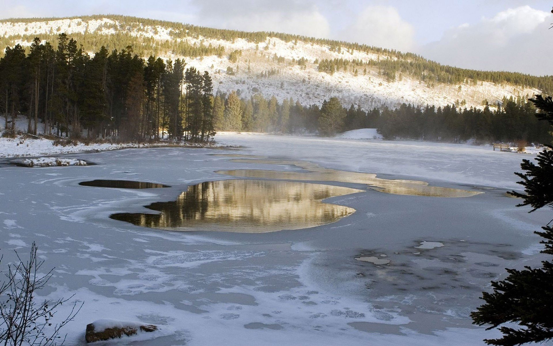 deshielo neblina de nubes lago de montaña bosque invierno nieve agua río