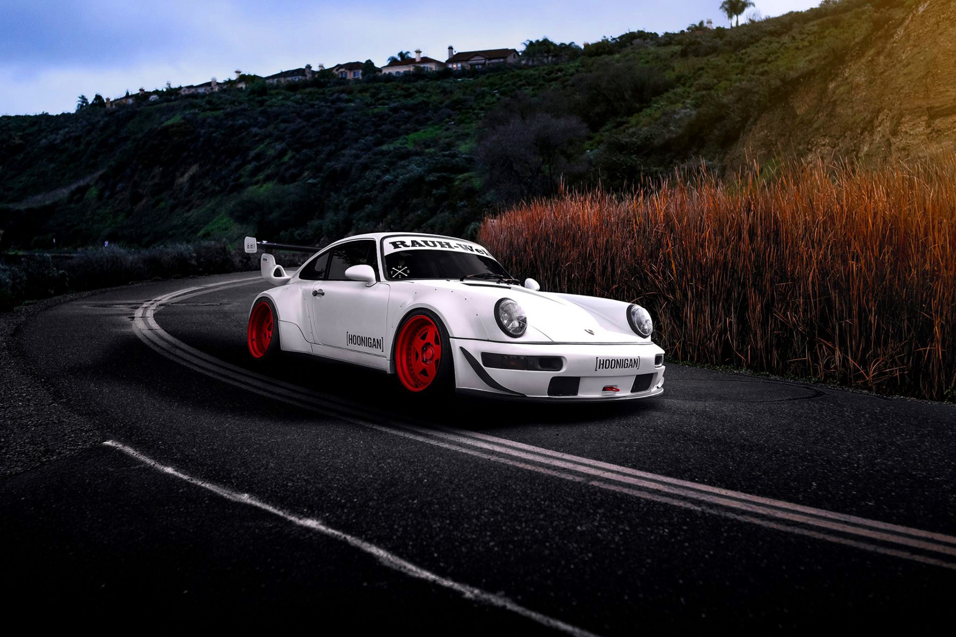 porsche rbg hoonigan blanco carretera coche sol