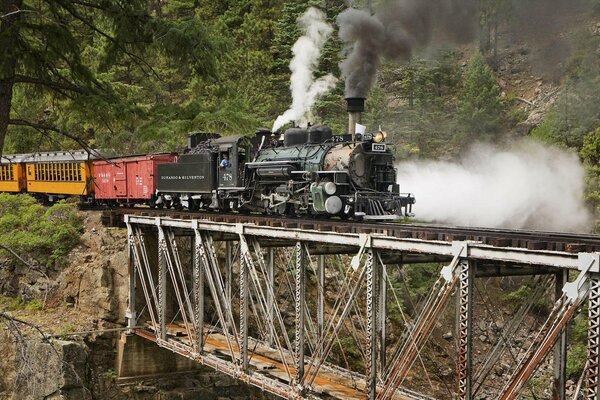 The locomotive rides across the bridge emitting steam in nature between the rocks