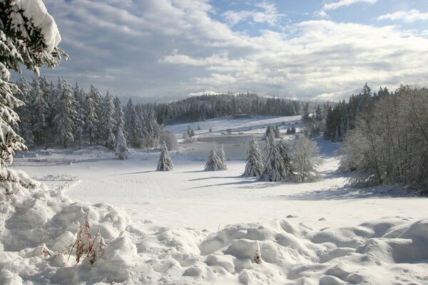 Winter and snowdrifts on the background of mountains and forests