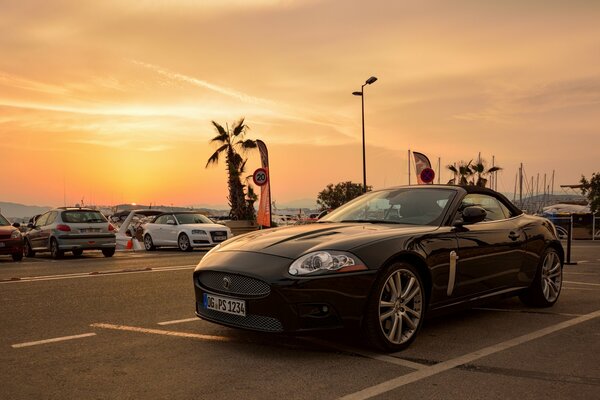 Voiture de sport garée sur fond de coucher de soleil