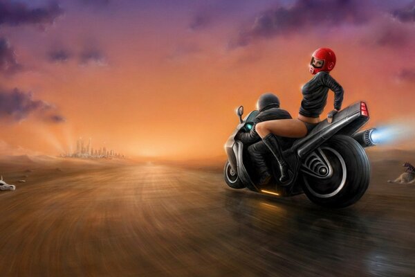 A girl in a red helmet and bare legs on a motorcycle