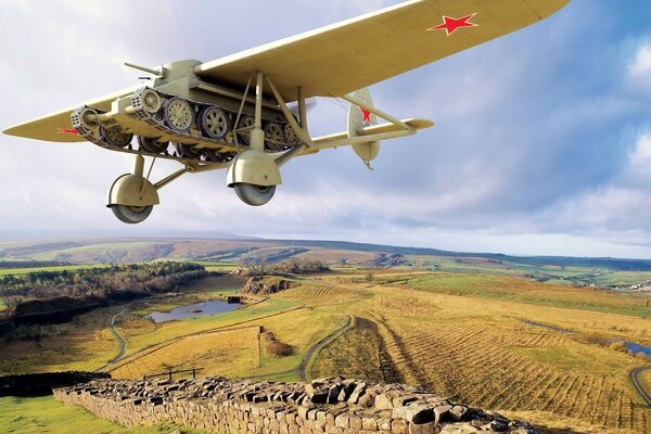 Flying fantastic tank over the field