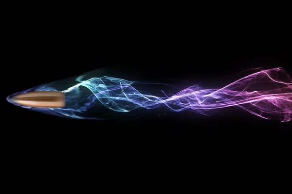 On a black background, a flying bullet with a multicolored trail