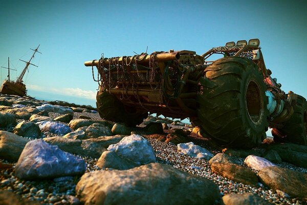 Abandoned car on the rocks, bottom view