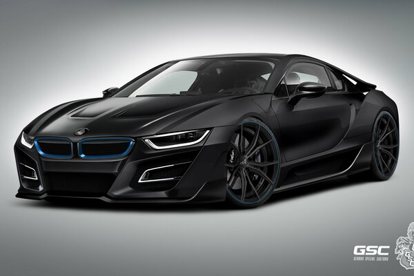 Black BMW i8 front on grey background