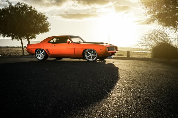 Orange retro car in nature in black and white