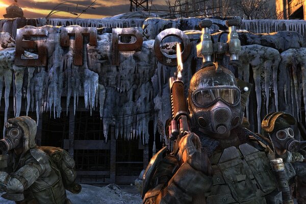 Soldiers with pistols in gas masks. Grayness, icicles, metro