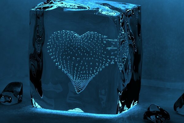 Corazón de burbujas dentro de un cubo de hielo