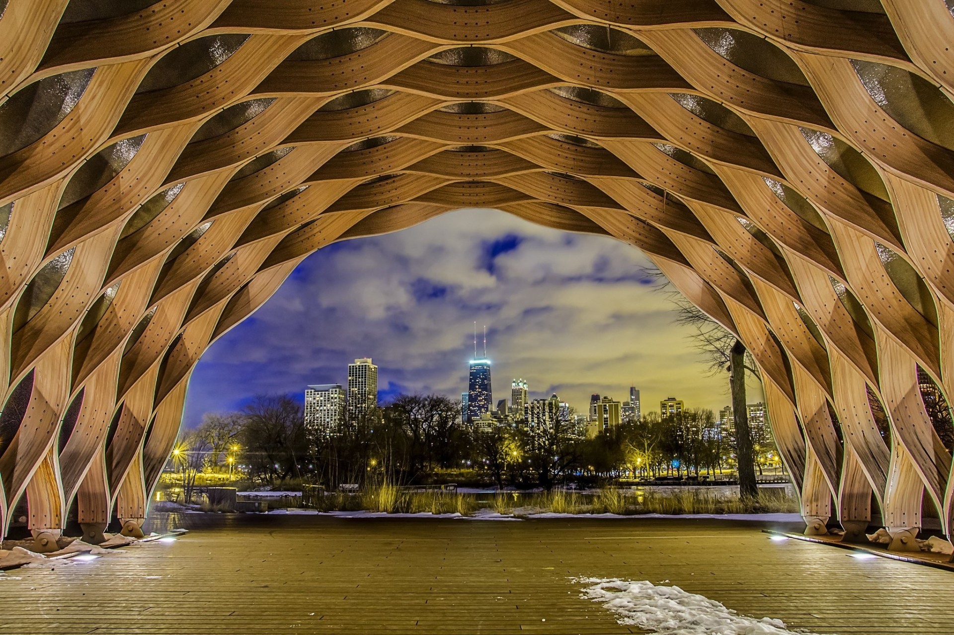 lichter chicago bogen bäume wolkenkratzer nacht gebäude schnee amerika usa winter