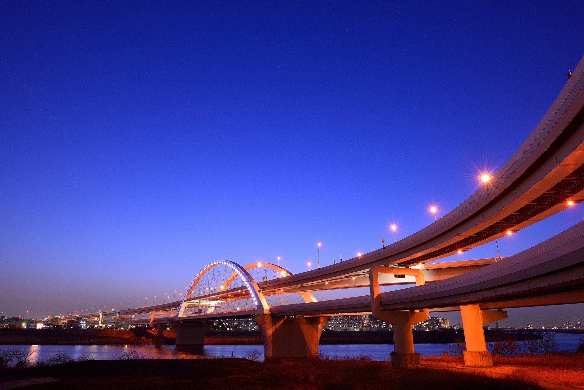 luces bahía noche cielo puente tokio luces azul yokohama