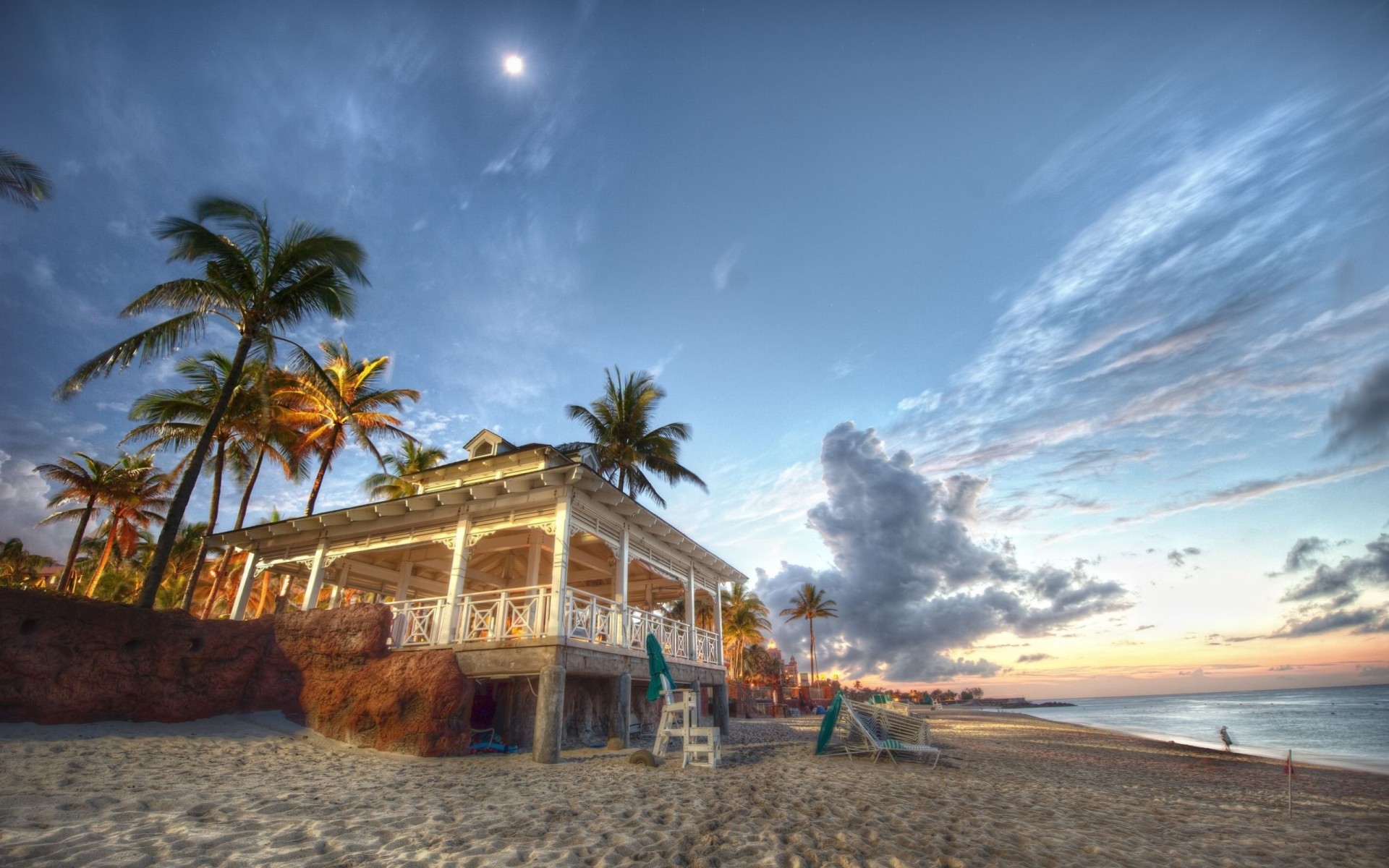 piasek zachód słońca plaża wakacje bahamy dom hdr wakacje fale ocean