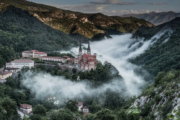 Un enorme castello domina gli alberi in montagna