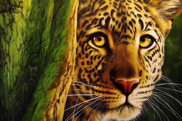 The painted leopard hid behind a tree