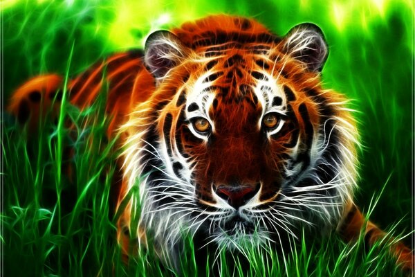 A mottled tiger in the grass in a 3 d image