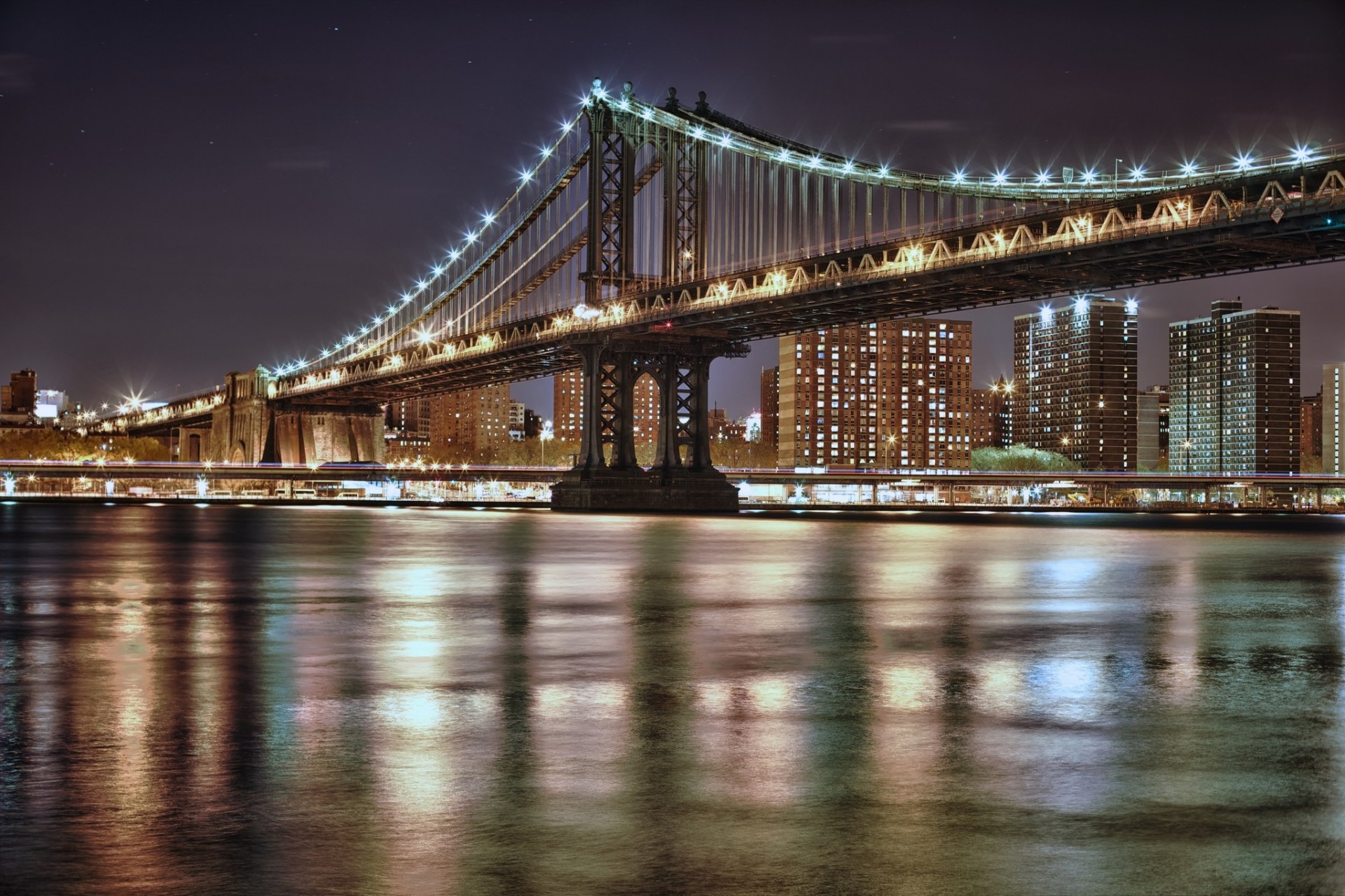 lichter nacht brücke stadt new york manhattan bridge