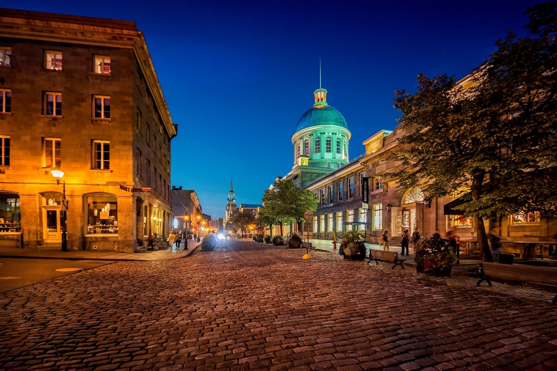 lights night street shops canada light town quebec montreal benches paving