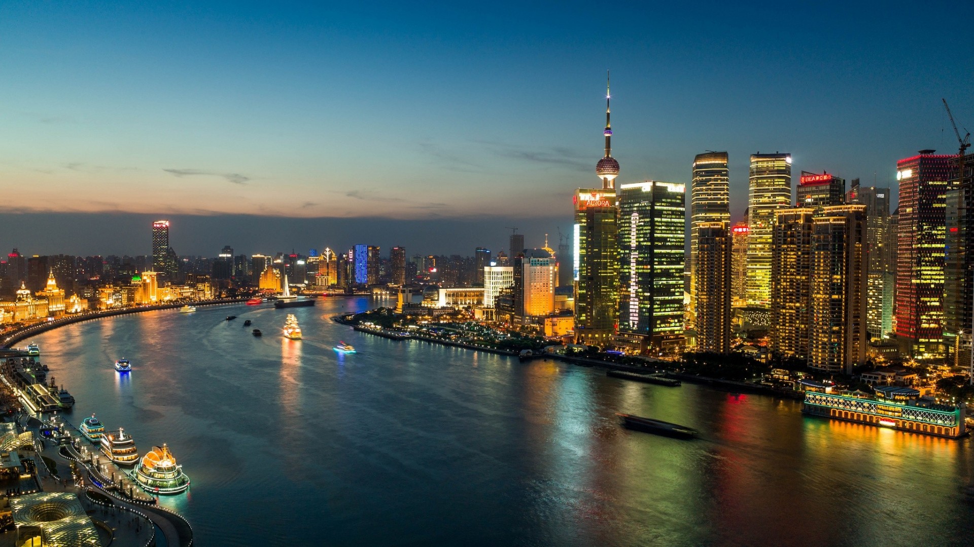 lumières rivière huangpu chine gratte-ciel shanghai panorama bâtiment ville de nuit