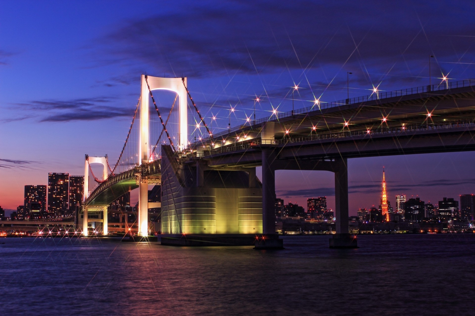 lights gulf capital tokyo sunset sky bridge metropolis purple light night blue building japan tower clouds lighting house