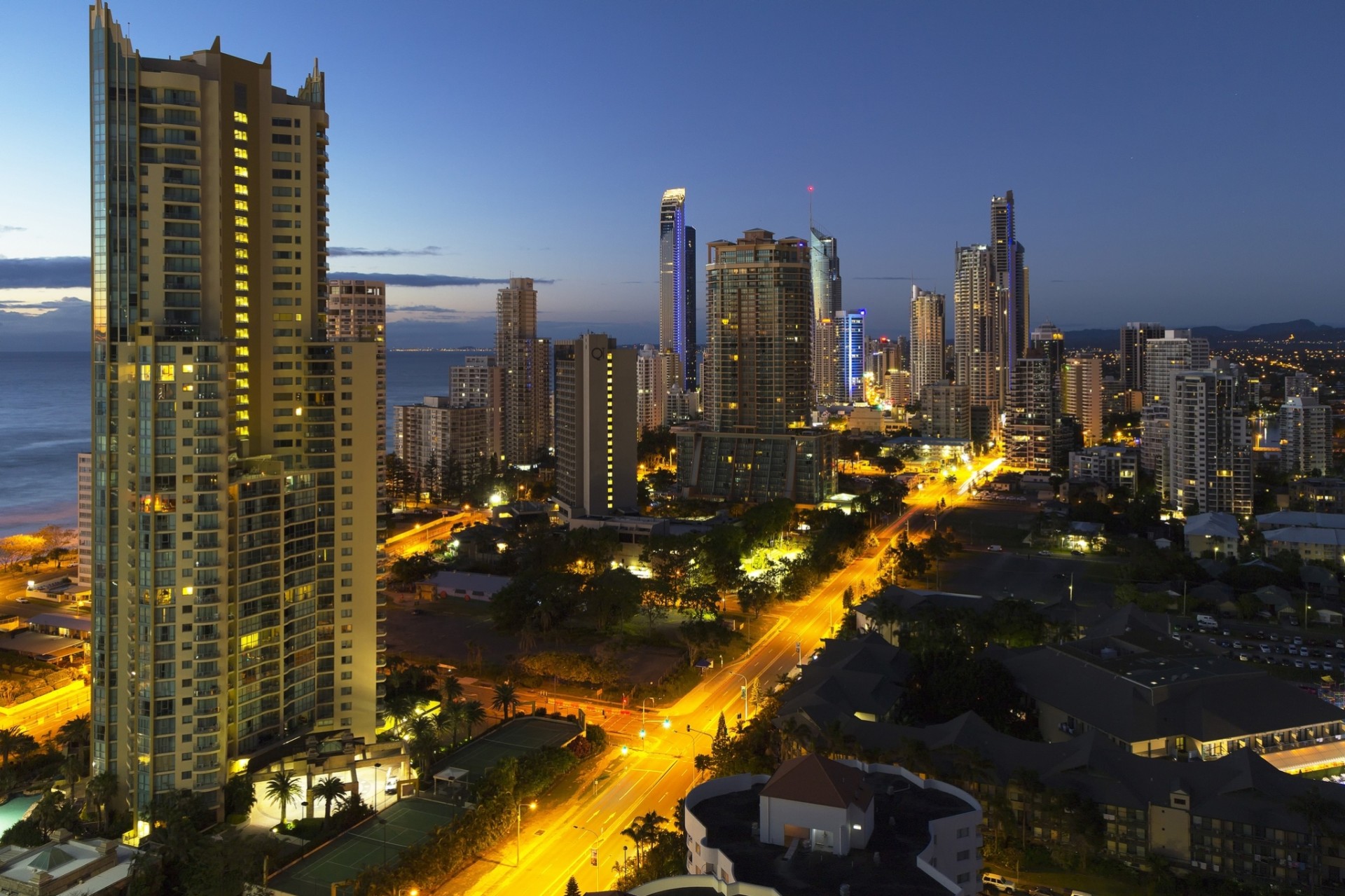 lights coast road town night hotels house