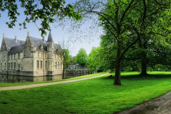 Castello in Belgio e prato verde