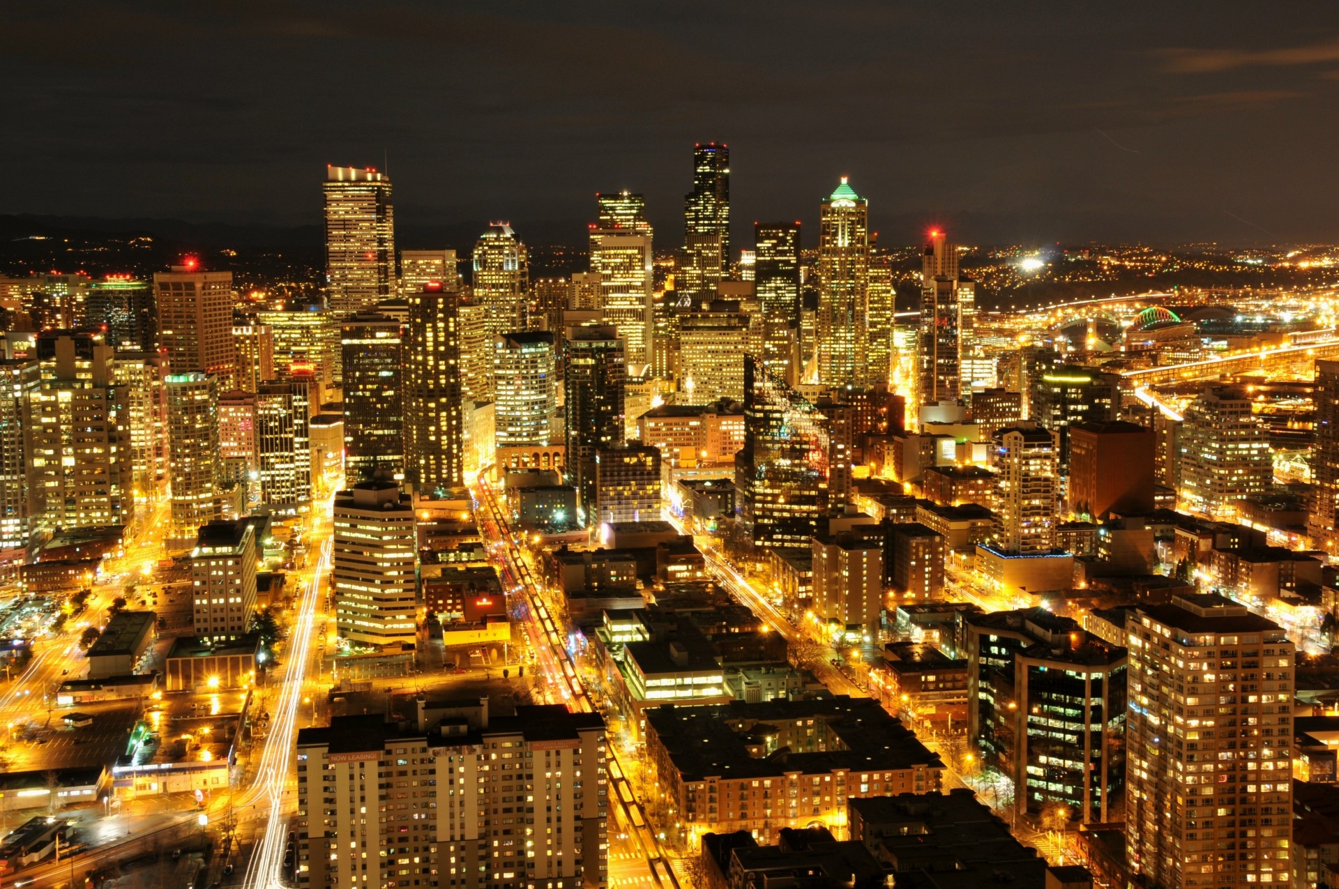 lichter wolkenkratzer beleuchtung gebäude washington state nachtstadt usa