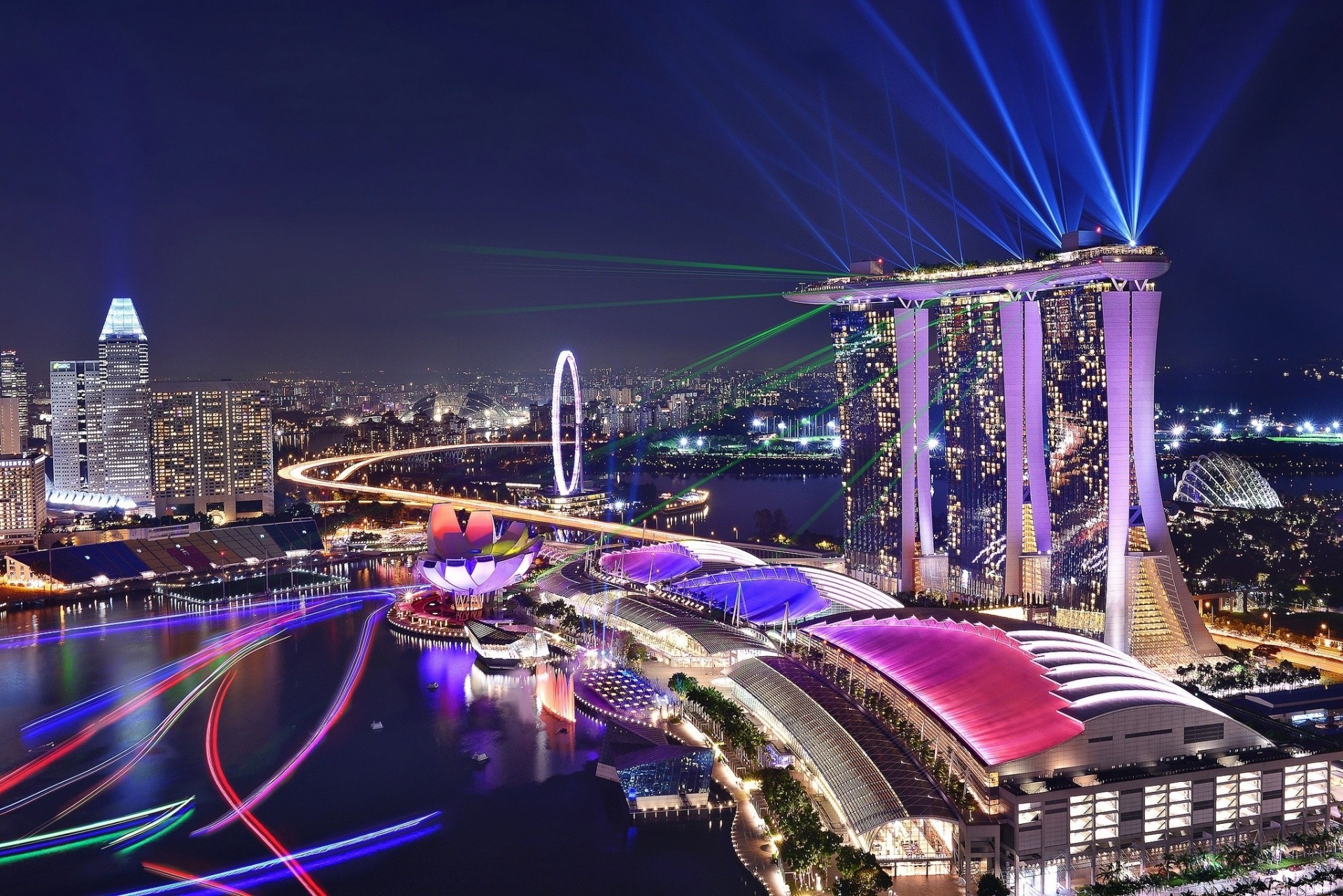 światła noc singapur miasto marina bay sand