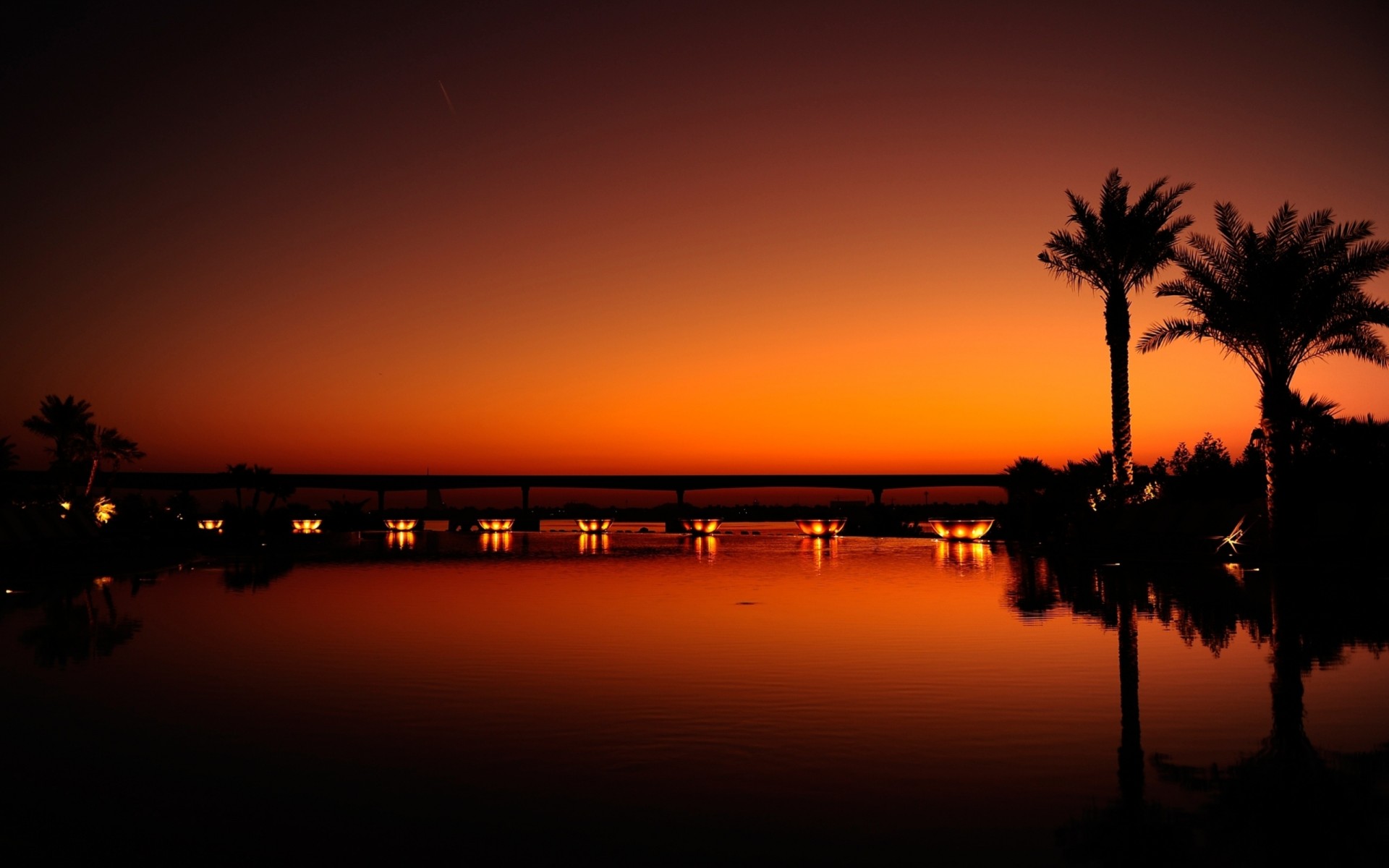 dubai noche puesta de sol palmeras reflexión luz agua negro naranja