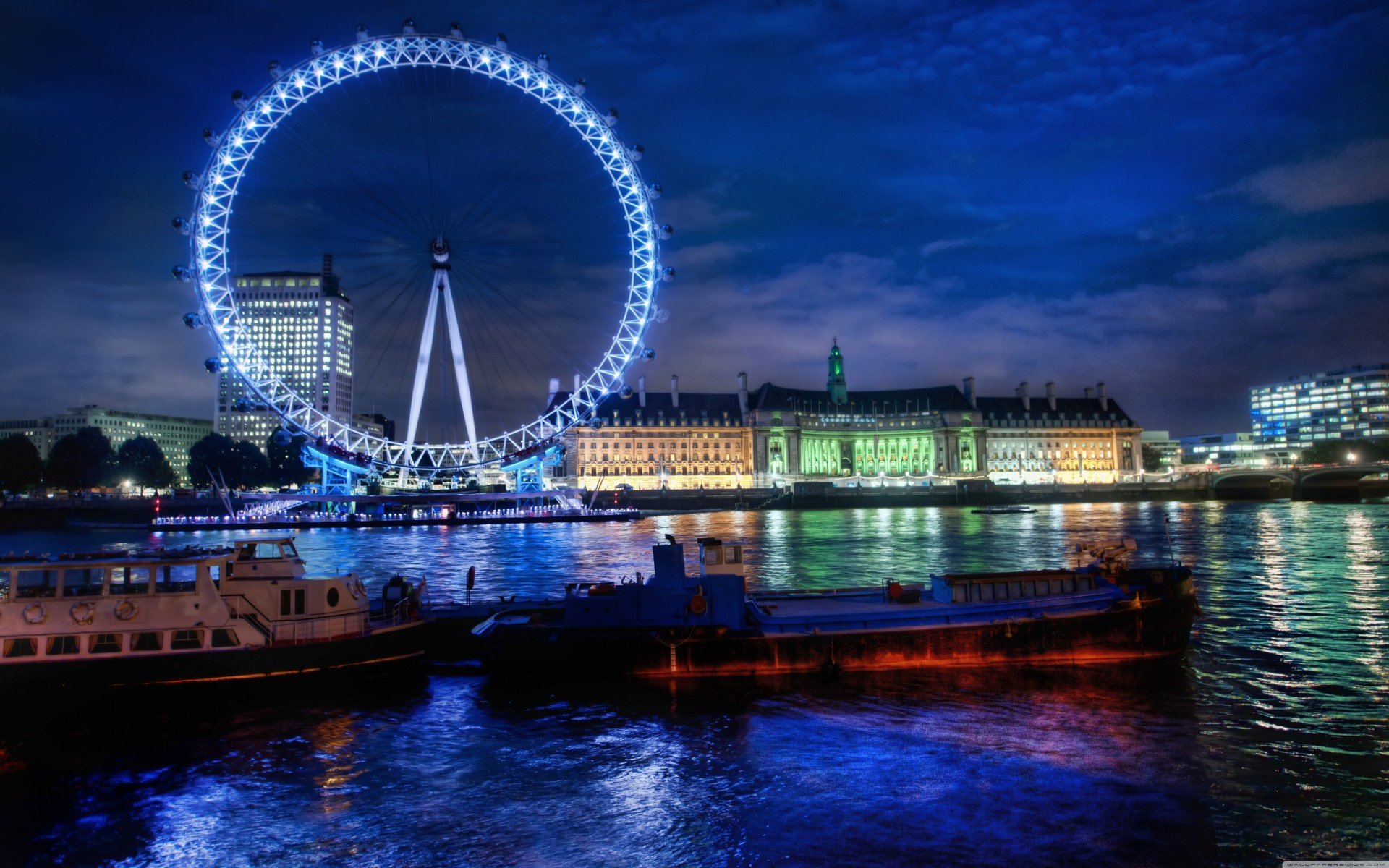 thames bateaux nuit roues rivière phares