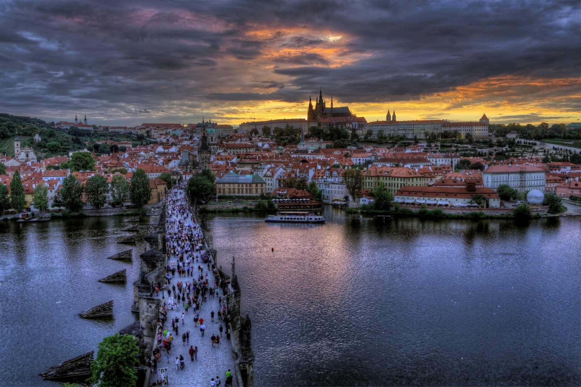 vltava river charles bridge town night czech republic czech prague people