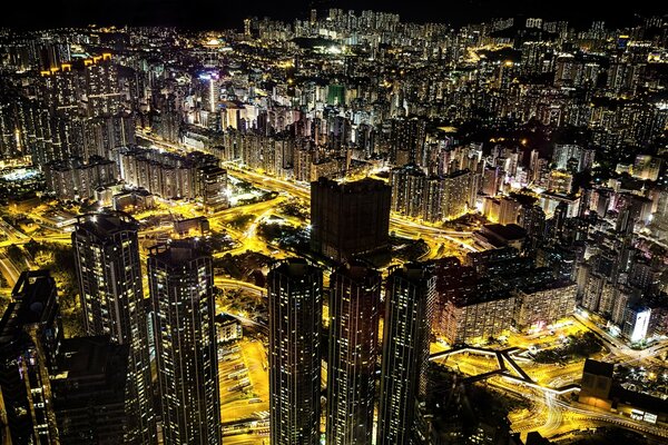 Luces nocturnas de la ciudad de Hong Kong