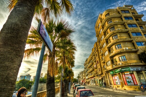 Palmeras en las calles de la soleada Grecia