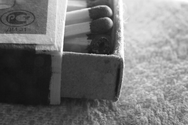 A box of matches on the carpet, black and white photo