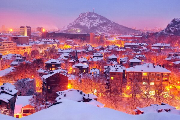 Snow-covered houses in Bulgaria