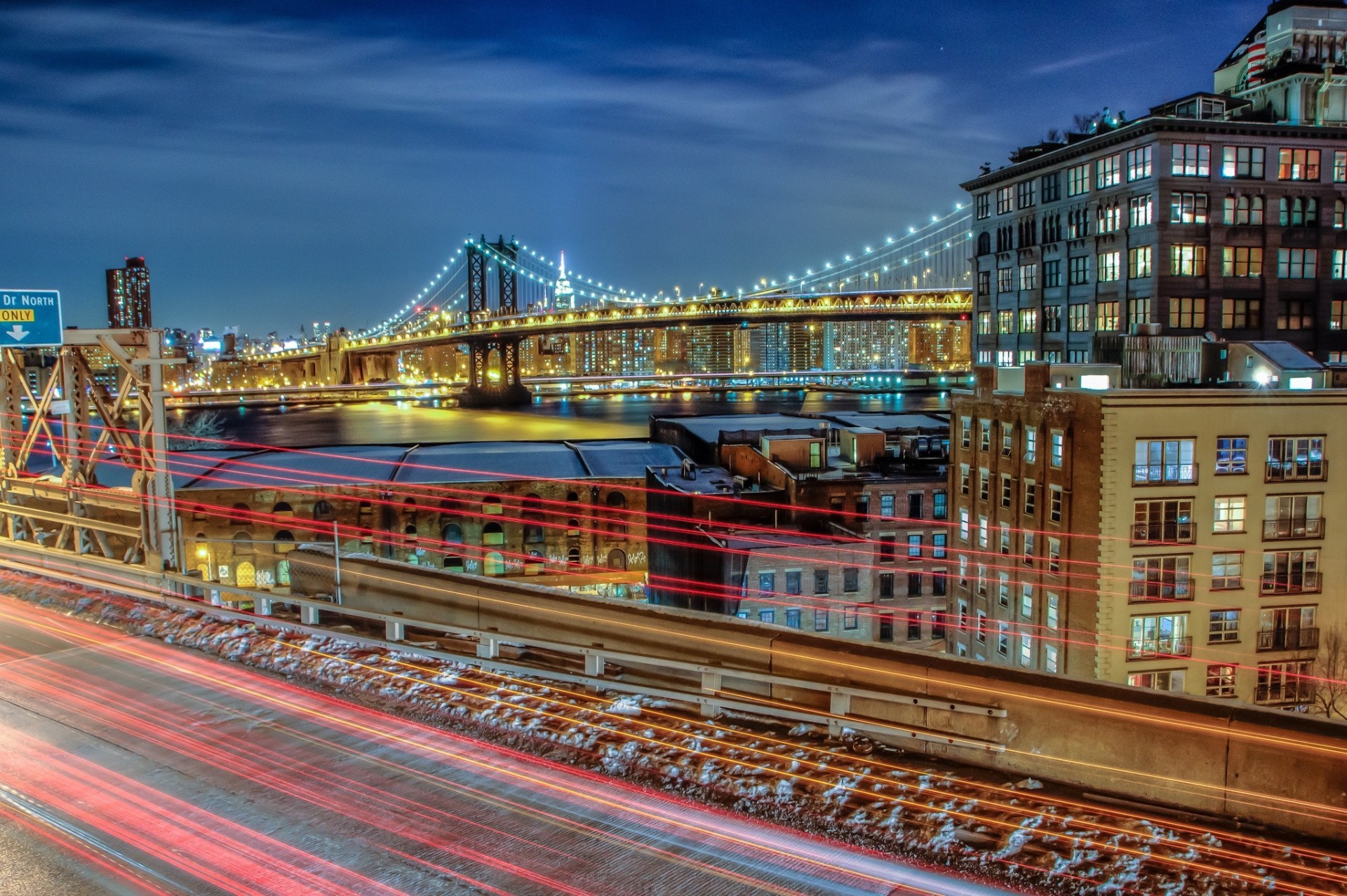 światła noc nowy jork most manhattan bridge brooklyn bridge usa