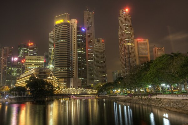 Lights of a night city with a river