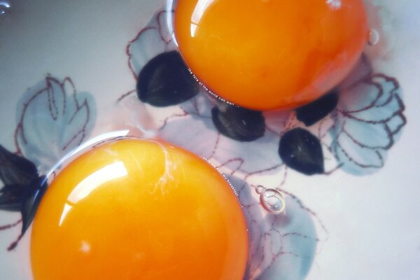 Two yolks on a plate with a pattern